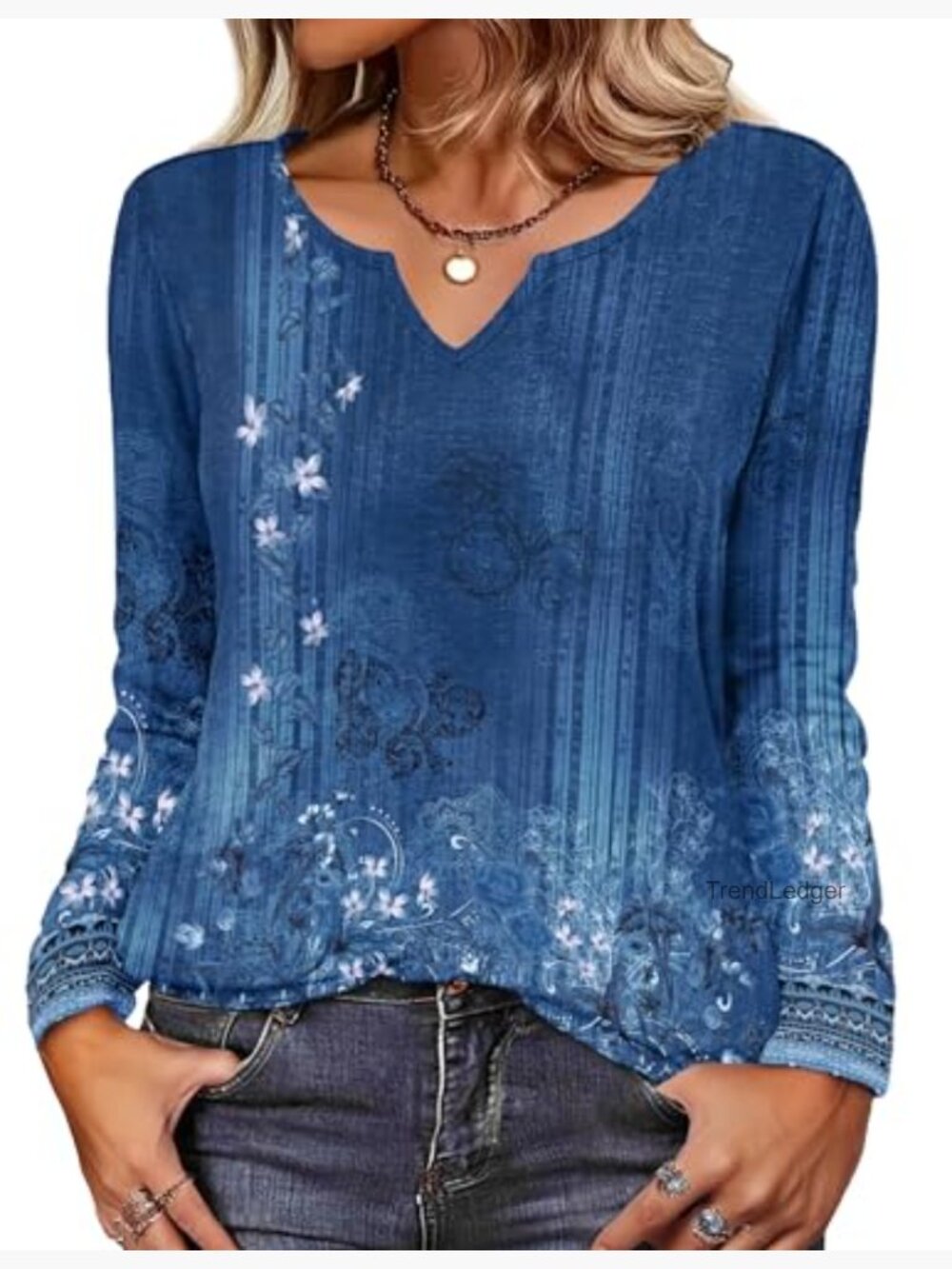Long Sleeve V-Neck Tunic Top, Polyester Spandex Blend, Boho Casual Dressy - Picture 2 of 7